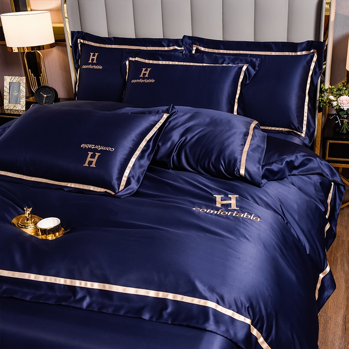 91家纺网 家纺一手货源 找家纺 首尔家纺 2026新款水洗真丝绣花四件套H系列 H-深蓝