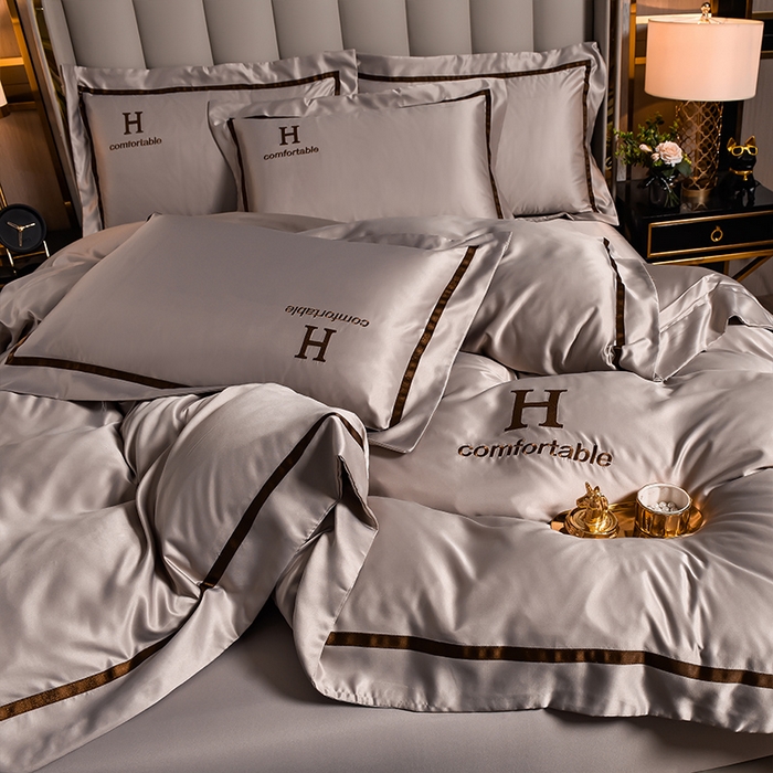 91家纺网 家纺一手货源 找家纺 首尔家纺 2026新款水洗真丝绣花四件套H系列 H-浅卡其