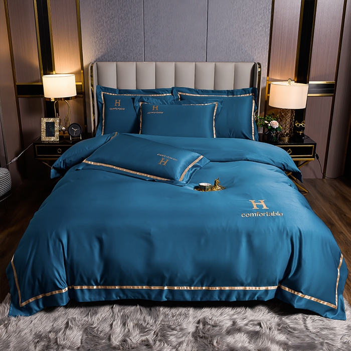 91家纺网 家纺一手货源 找家纺 首尔家纺 2026新款水洗真丝绣花四件套H系列 H-科技蓝