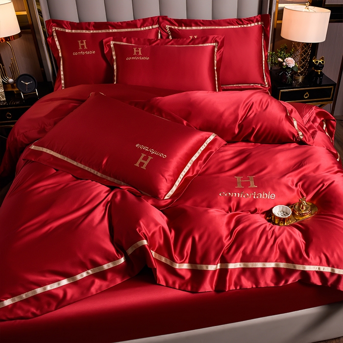 91家纺网 家纺一手货源 找家纺 首尔家纺 2026新款水洗真丝绣花四件套H系列 H-玛瑙红