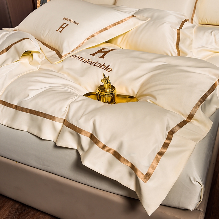 91家纺网 家纺一手货源 找家纺 首尔家纺 2026新款水洗真丝绣花四件套H系列 H-晴空白