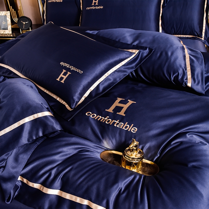 91家纺网 家纺一手货源 找家纺 首尔家纺 2026新款水洗真丝绣花四件套H系列 H-深蓝