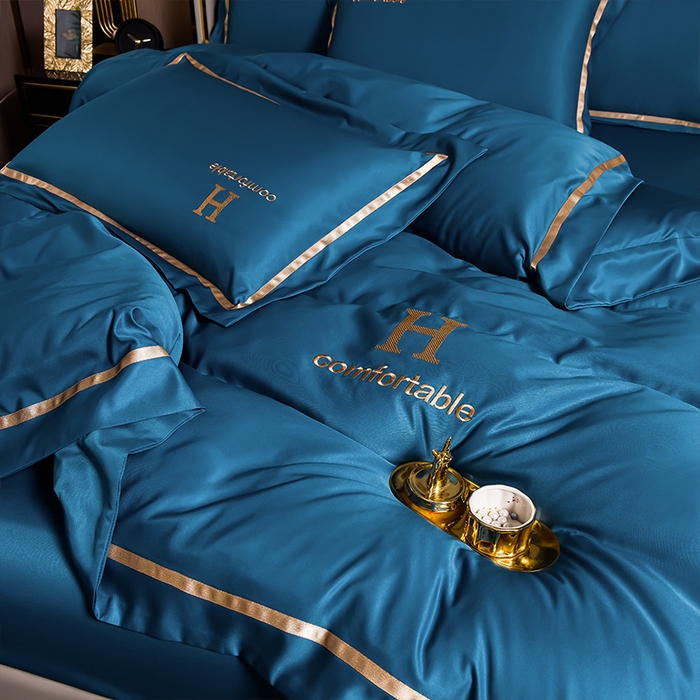 91家纺网 家纺一手货源 找家纺 首尔家纺 2026新款水洗真丝绣花四件套H系列 H-科技蓝