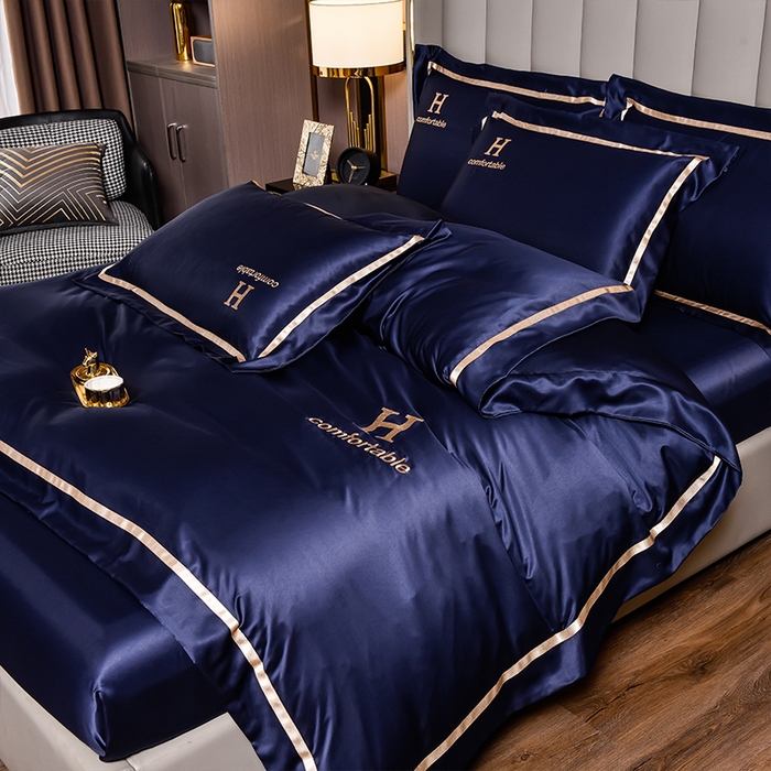 91家纺网 家纺一手货源 找家纺 首尔家纺 2026新款水洗真丝绣花四件套H系列 H-深蓝