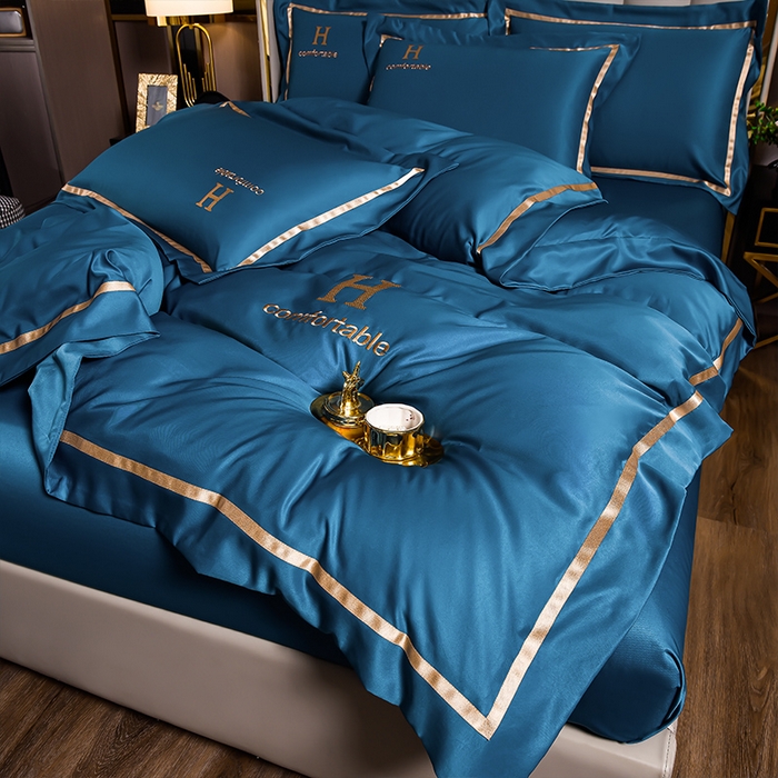 91家纺网 家纺一手货源 找家纺 首尔家纺 2026新款水洗真丝绣花四件套H系列 H-科技蓝