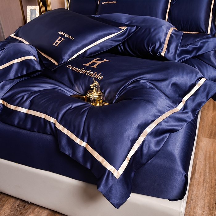 91家纺网 家纺一手货源 找家纺 首尔家纺 2026新款水洗真丝绣花四件套H系列 H-深蓝