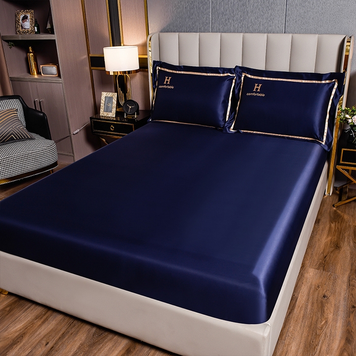 91家纺网 家纺一手货源 找家纺 首尔家纺 2026新款水洗真丝绣花四件套H系列 H-深蓝