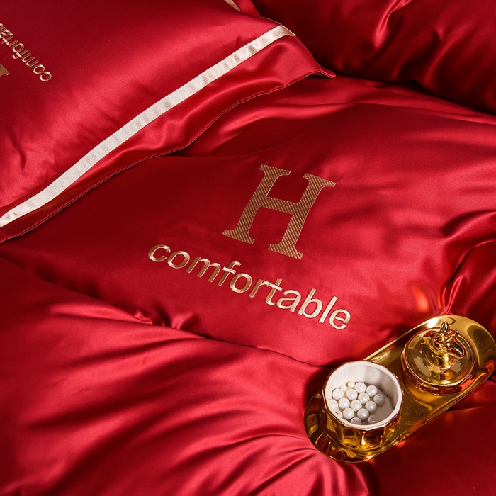 91家纺网 家纺一手货源 找家纺 首尔家纺 2026新款水洗真丝绣花四件套H系列 H-玛瑙红