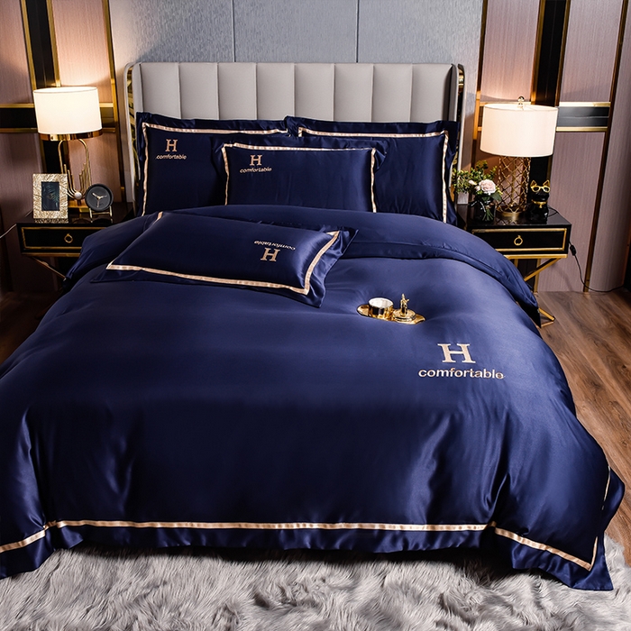 91家纺网 家纺一手货源 找家纺 首尔家纺 2026新款水洗真丝绣花四件套H系列 H-深蓝