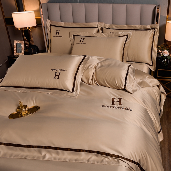 91家纺网 家纺一手货源 找家纺 首尔家纺 2026新款水洗真丝绣花四件套H系列 H-魔法金