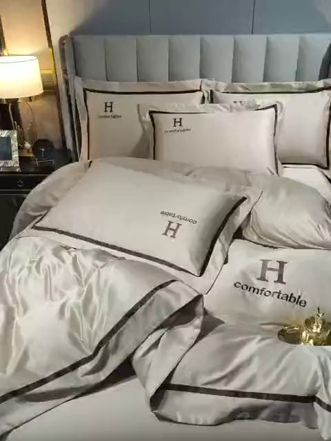 91家纺网 家纺一手货源 找家纺 首尔家纺 2026新款水洗真丝绣花四件套H系列 H-浅卡其