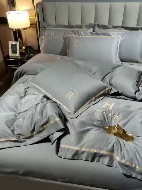 91家纺网 家纺一手货源 找家纺 首尔家纺 2026新款水洗真丝绣花四件套H系列 H-浅灰