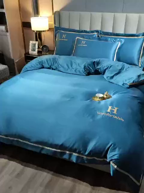 91家纺网 家纺一手货源 找家纺 首尔家纺 2026新款水洗真丝绣花四件套H系列 H-钢质绿