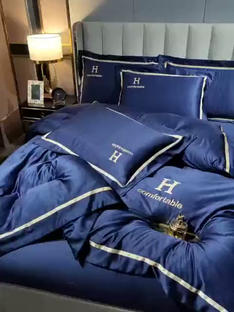 91家纺网 家纺一手货源 找家纺 首尔家纺 2026新款水洗真丝绣花四件套H系列 H-深蓝