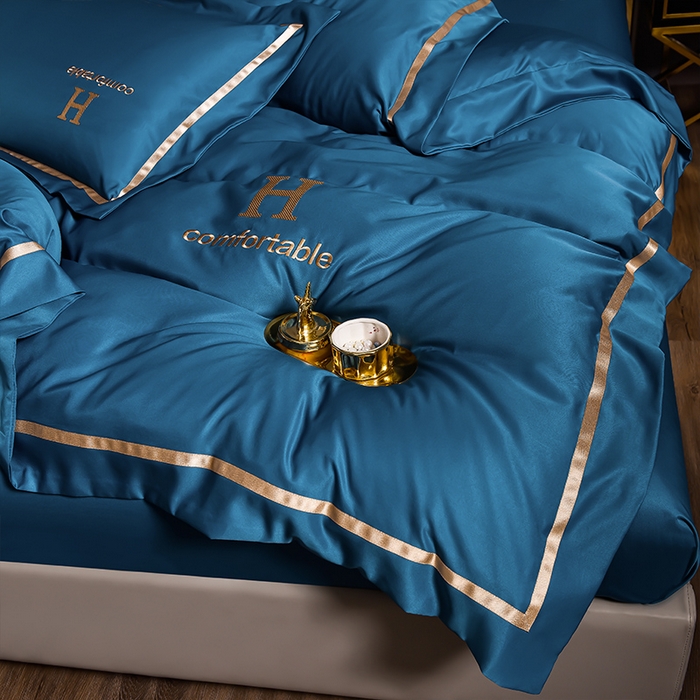 91家纺网 家纺一手货源 找家纺 首尔家纺 2026新款水洗真丝绣花四件套H系列 H-科技蓝