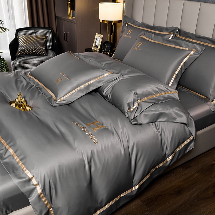 91家纺网 家纺一手货源 找家纺 首尔家纺 2026新款水洗真丝绣花四件套H系列 H-浅灰