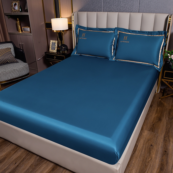 91家纺网 家纺一手货源 找家纺 首尔家纺 2026新款水洗真丝绣花四件套H系列 H-科技蓝