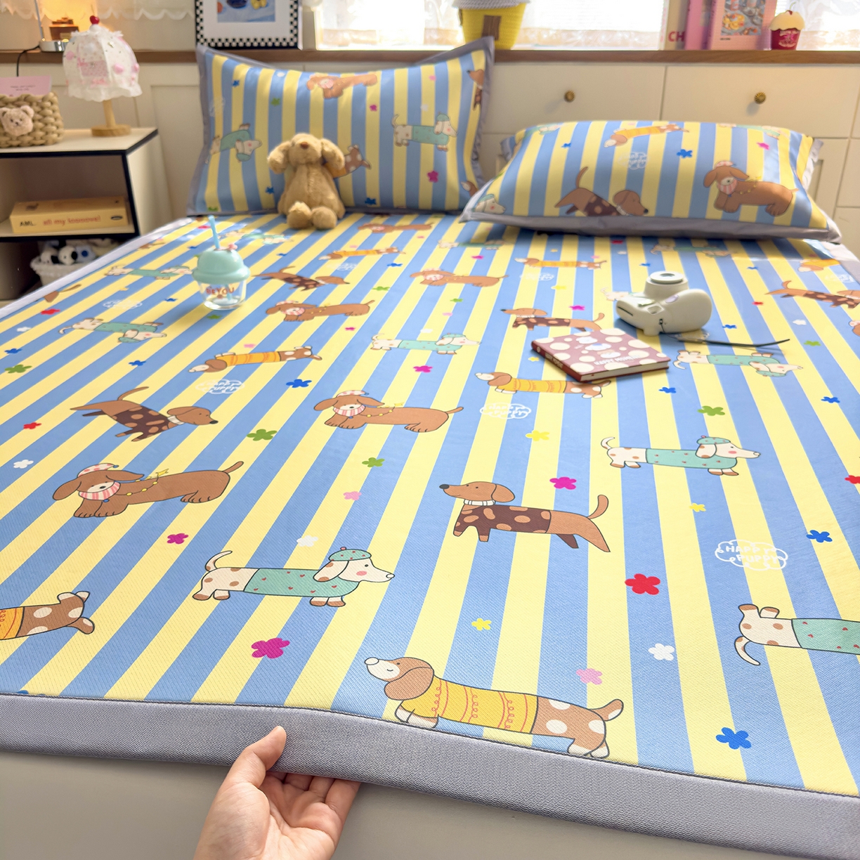 圣比熊 2026新款烫光数码印花冰丝凉席 条纹萌觉