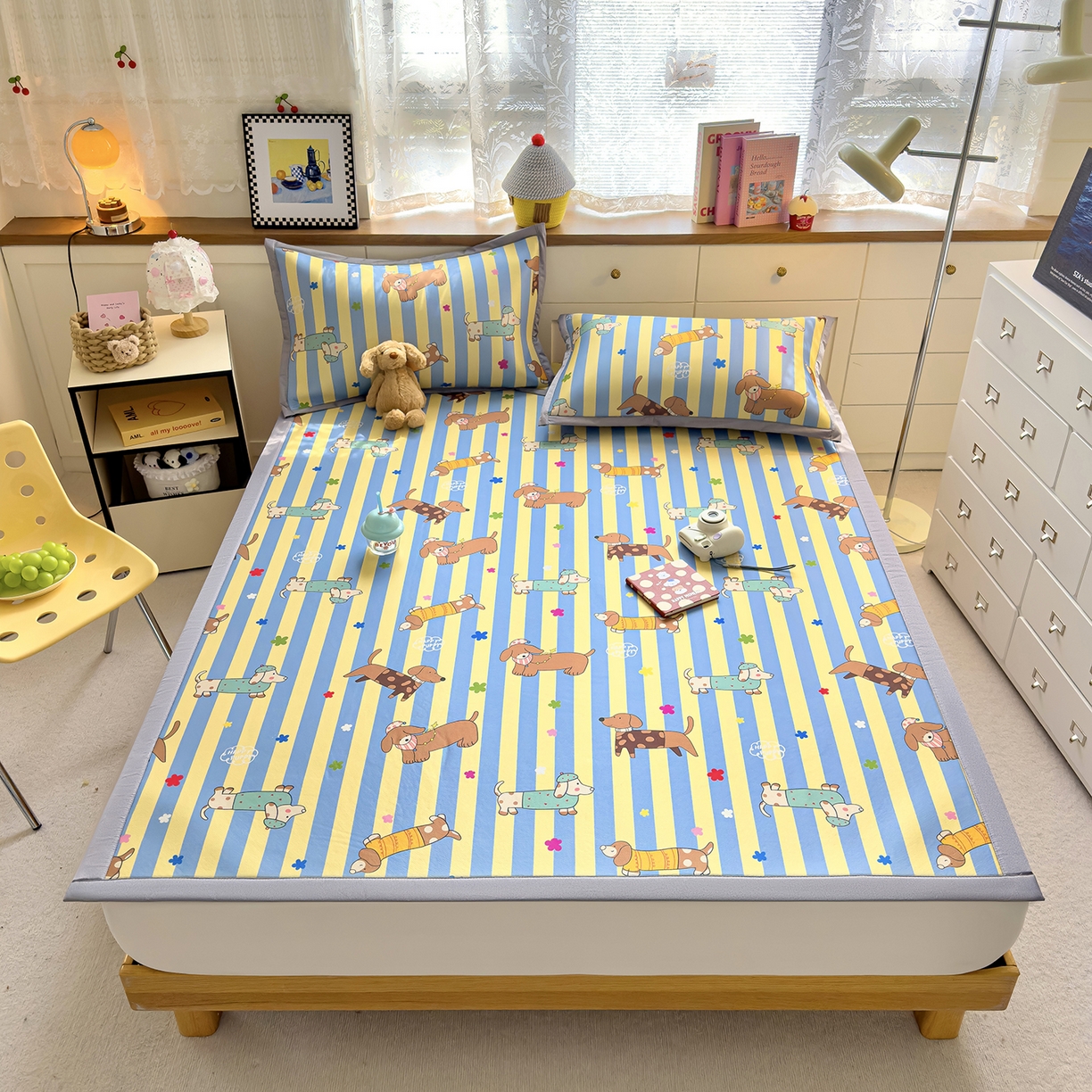 91家纺网 家纺一手货源 找家纺 圣比熊 2026新款烫光数码印花冰丝凉席 条纹萌觉