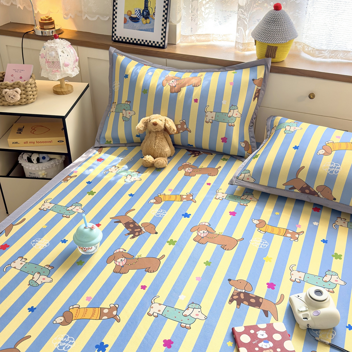 91家纺网 家纺一手货源 找家纺 圣比熊 2026新款烫光数码印花冰丝凉席 条纹萌觉