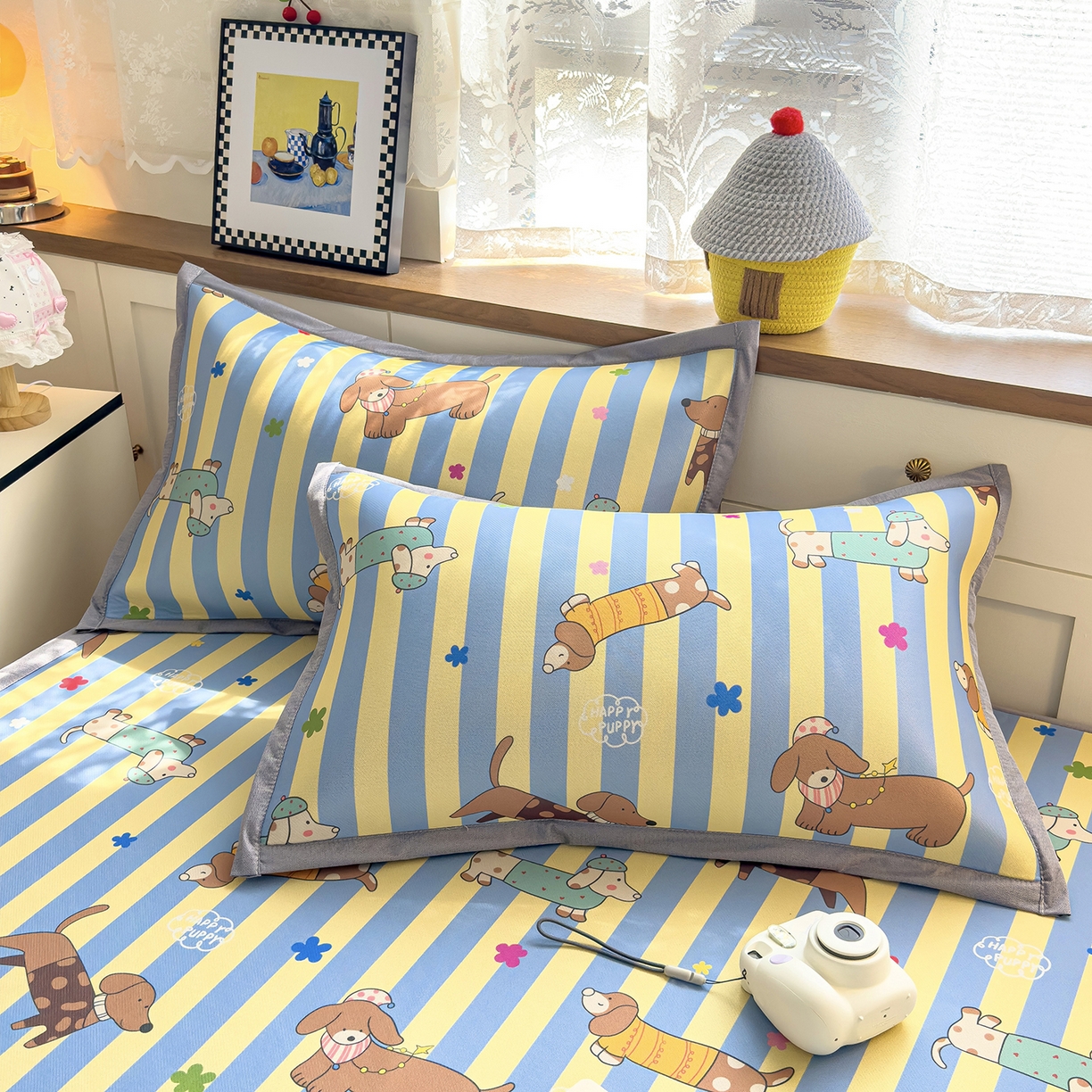 91家纺网 家纺一手货源 找家纺 圣比熊 2026新款烫光数码印花冰丝凉席 条纹萌觉