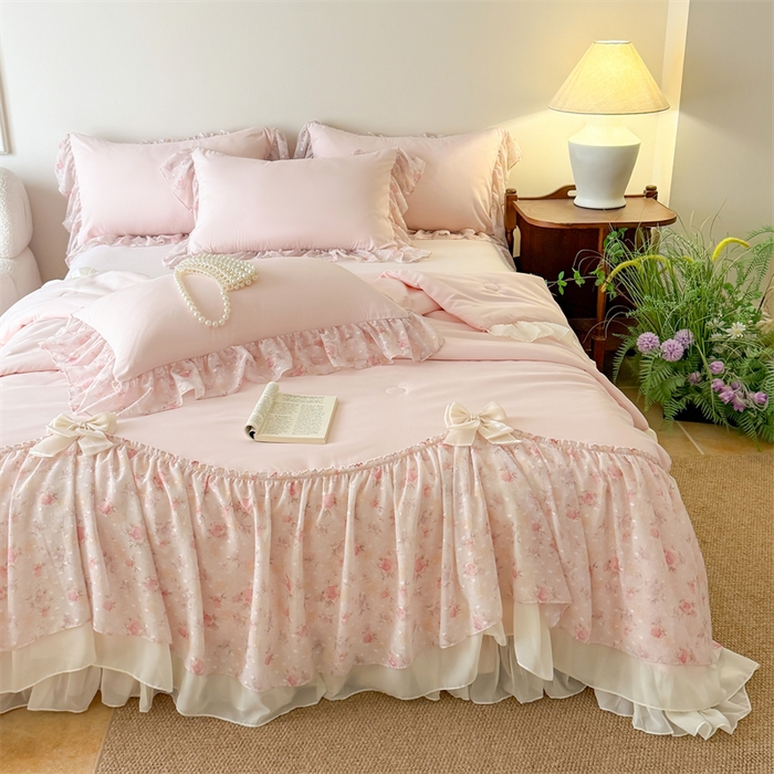 91家纺网 家纺一手货源 找家纺 （总）富盛家纺 2026新款雪纺蕾丝刺绣法式床裙韩版夏凉被空调被夏被四件套