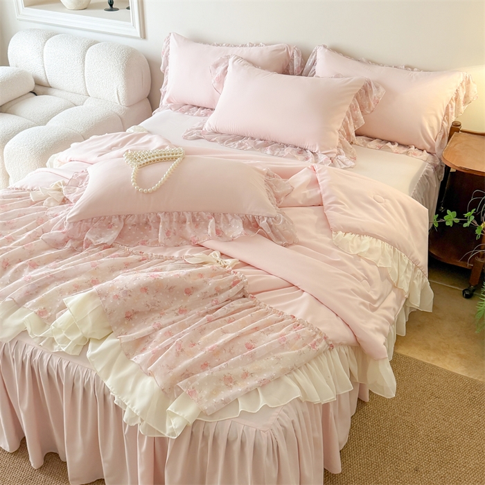 91家纺网 家纺一手货源 找家纺 （总）富盛家纺 2026新款雪纺蕾丝刺绣法式床裙韩版夏凉被空调被夏被四件套