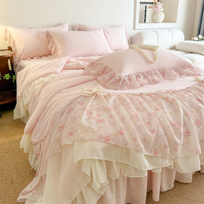 91家纺网 家纺一手货源 找家纺 （总）富盛家纺 2026新款雪纺蕾丝刺绣法式床裙韩版夏凉被空调被夏被四件套