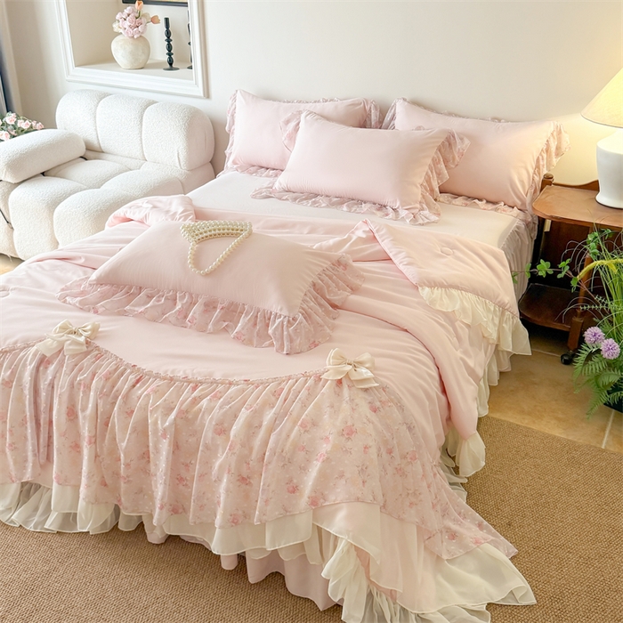 91家纺网 家纺一手货源 找家纺 （总）富盛家纺 2026新款雪纺蕾丝刺绣法式床裙韩版夏凉被空调被夏被四件套