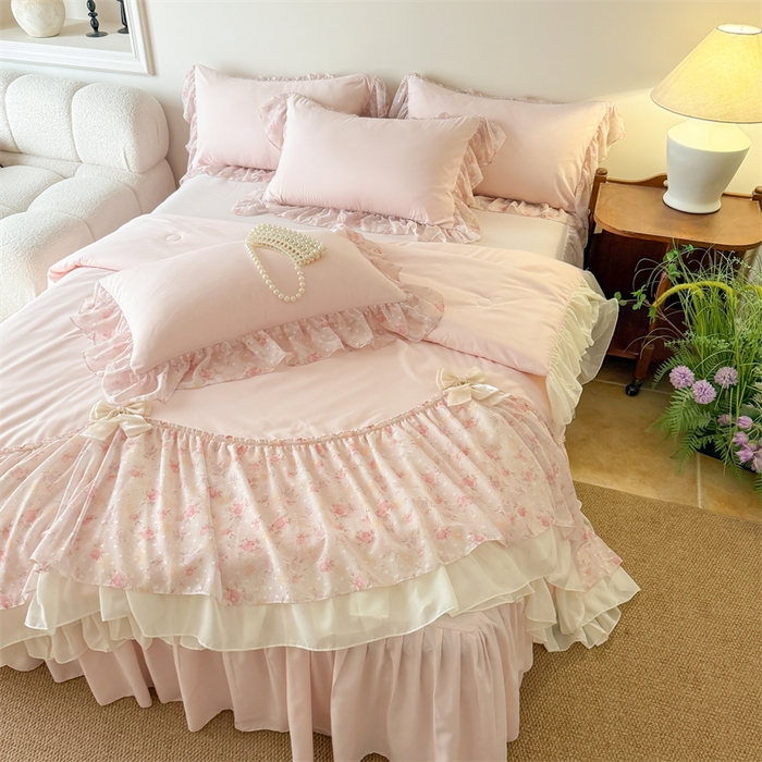 91家纺网 家纺一手货源 找家纺 （总）富盛家纺 2026新款雪纺蕾丝刺绣法式床裙韩版夏凉被空调被夏被四件套