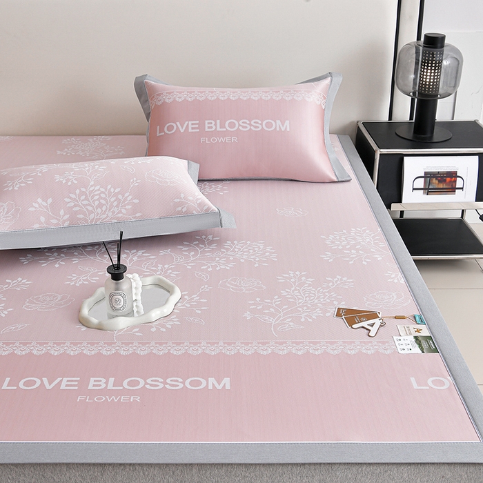 91家纺网 家纺一手货源 找家纺 小牛席业 2026新款PE凉感清新叶语冰丝席凉席席子 粉色