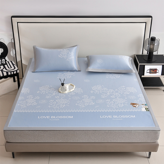 91家纺网 家纺一手货源 找家纺 小牛席业 2026新款PE凉感清新叶语冰丝席凉席席子 蓝色