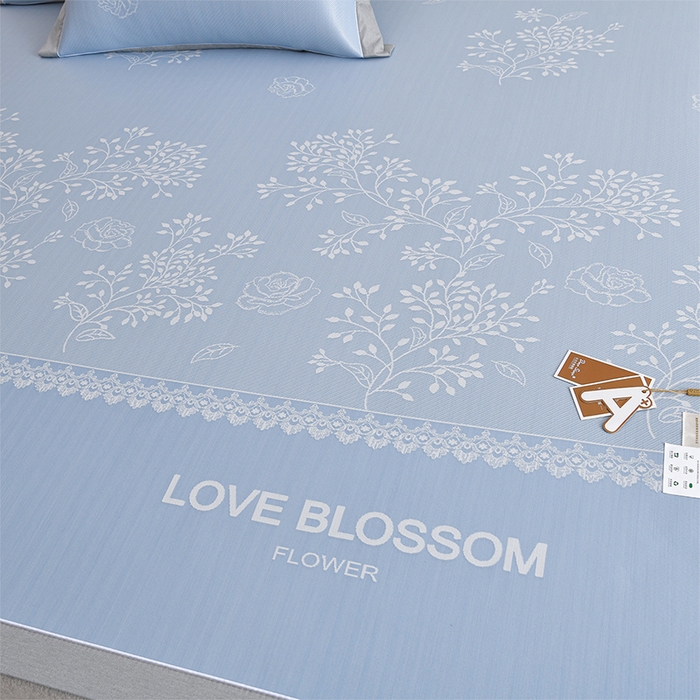 91家纺网 家纺一手货源 找家纺 小牛席业 2026新款PE凉感清新叶语冰丝席凉席席子 蓝色