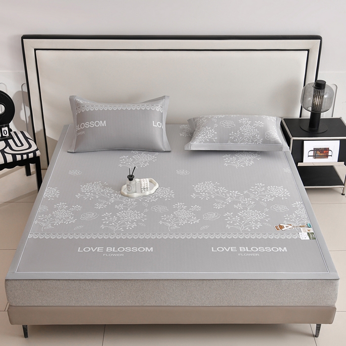 91家纺网 家纺一手货源 找家纺 小牛席业 2026新款PE凉感清新叶语冰丝席凉席席子 灰色