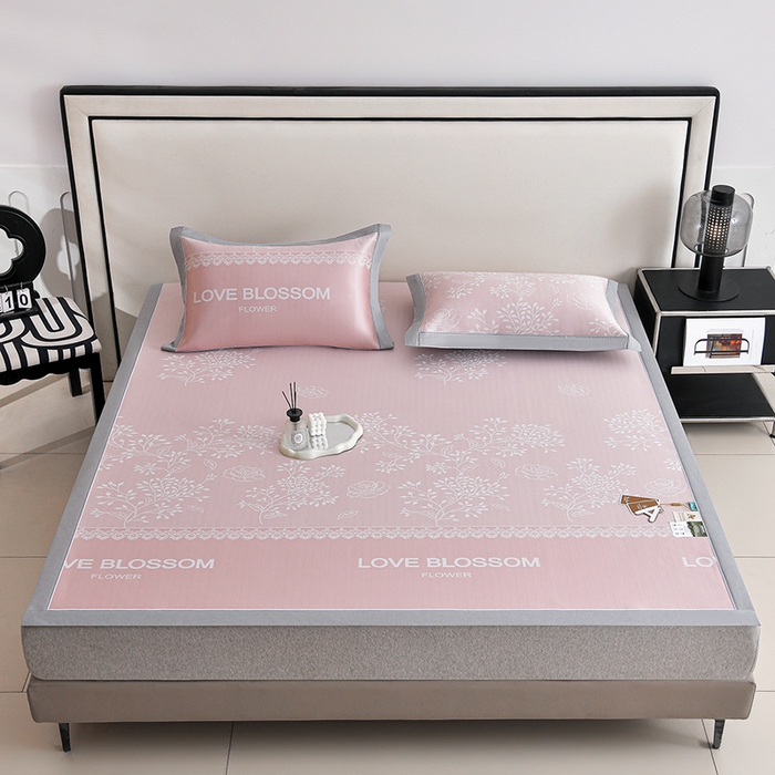 91家纺网 家纺一手货源 找家纺 小牛席业 2026新款PE凉感清新叶语冰丝席凉席席子 粉色