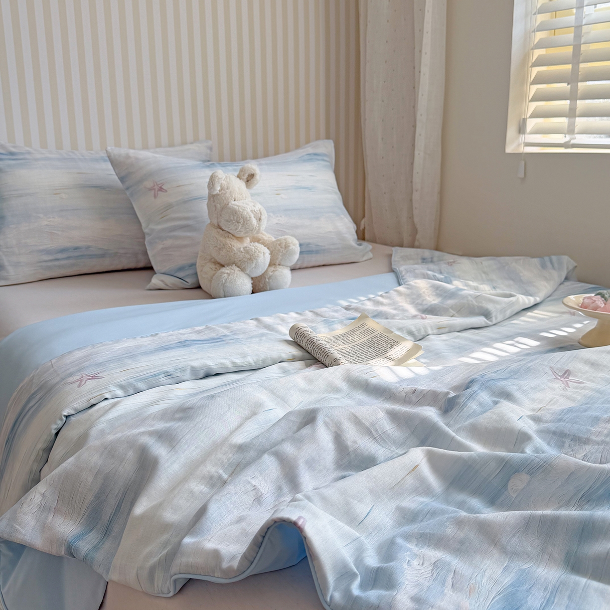 91家纺网 家纺一手货源 找家纺 麦伦家居 2026新品双层纱小冰皮夏被夏凉被空调被 海浪星-蓝