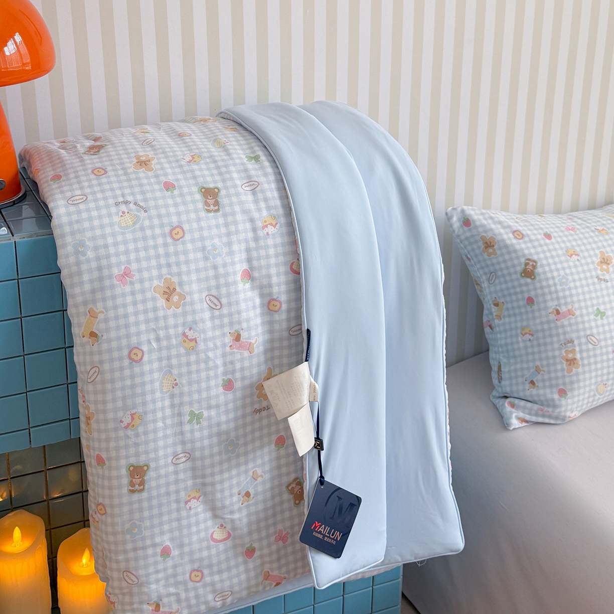 91家纺网 家纺一手货源 找家纺 麦伦家居 2026新品双层纱小冰皮夏被夏凉被空调被 蓝格甜熊