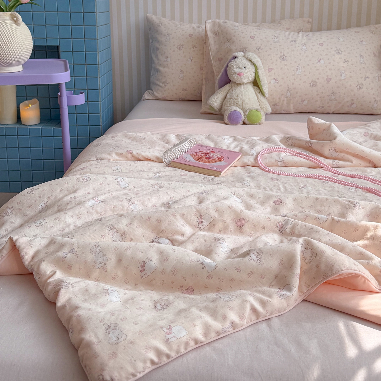 91家纺网 家纺一手货源 找家纺 麦伦家居 2026新品双层纱小冰皮夏被夏凉被空调被 粉兔甜心-粉