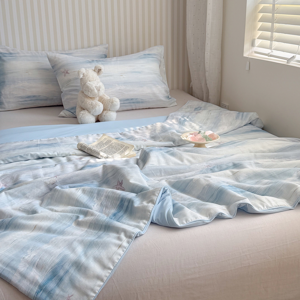 91家纺网 家纺一手货源 找家纺 麦伦家居 2026新品双层纱小冰皮夏被夏凉被空调被 海浪星-蓝