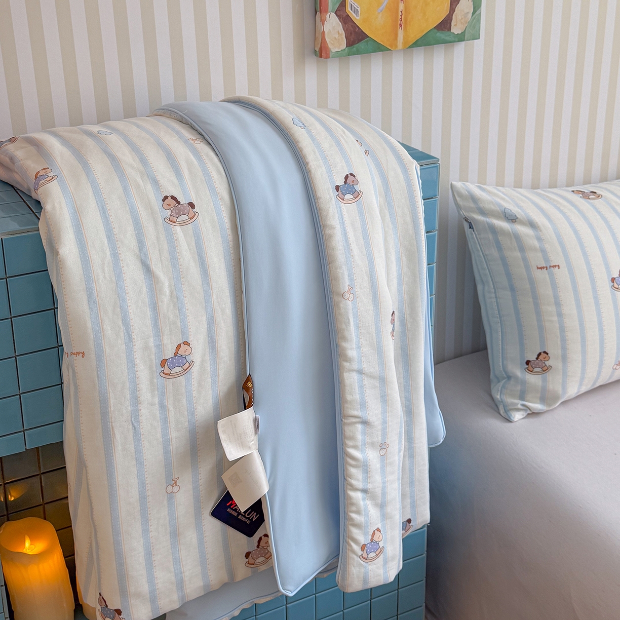 91家纺网 家纺一手货源 找家纺 麦伦家居 2026新品双层纱小冰皮夏被夏凉被空调被 摇摇马蓝