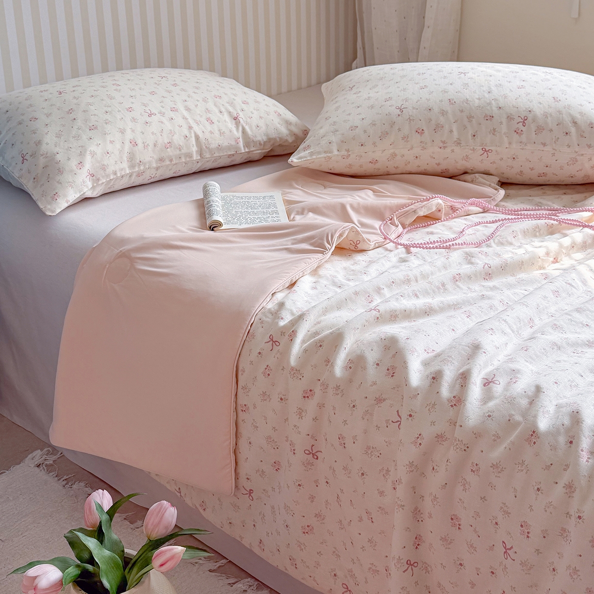 91家纺网 家纺一手货源 找家纺 麦伦家居 2026新品双层纱小冰皮夏被夏凉被空调被 粉蝶结花梦