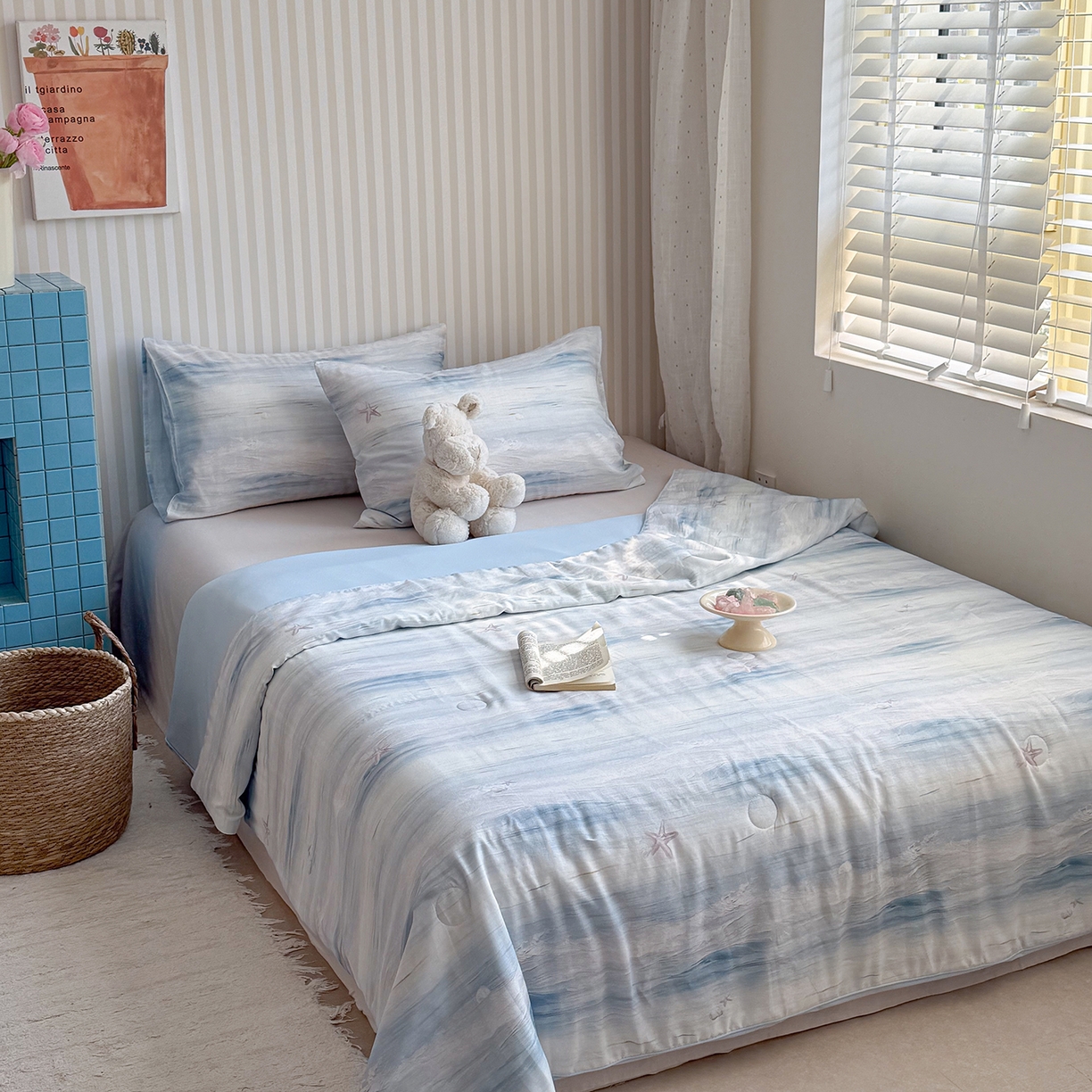 91家纺网 家纺一手货源 找家纺 麦伦家居 2026新品双层纱小冰皮夏被夏凉被空调被 海浪星-蓝