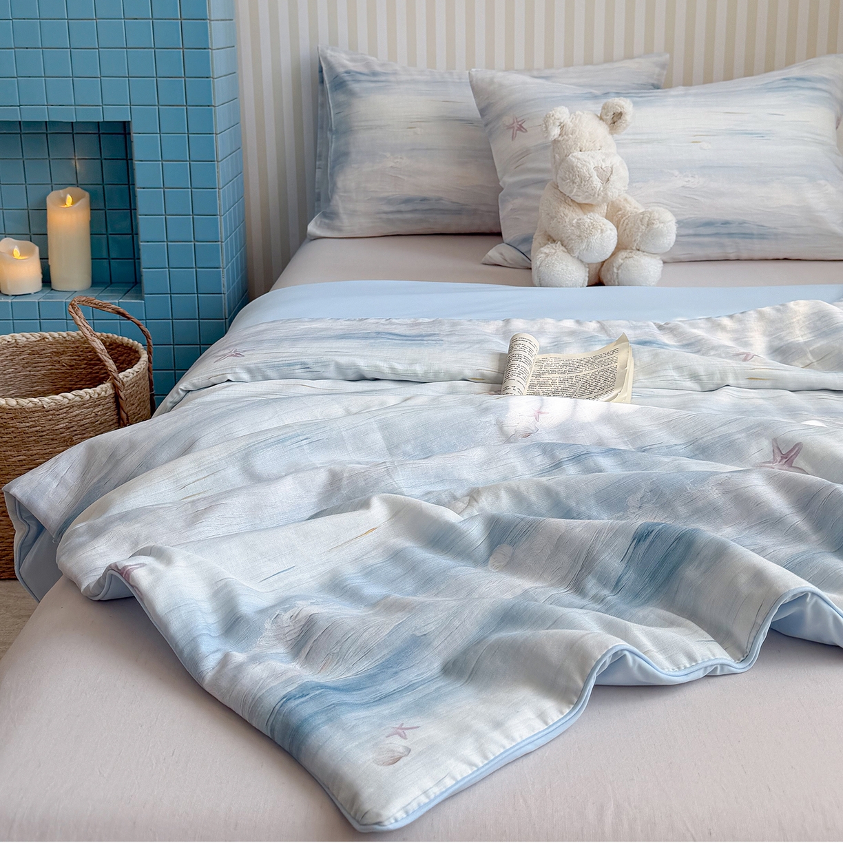 91家纺网 家纺一手货源 找家纺 麦伦家居 2026新品双层纱小冰皮夏被夏凉被空调被 海浪星-蓝