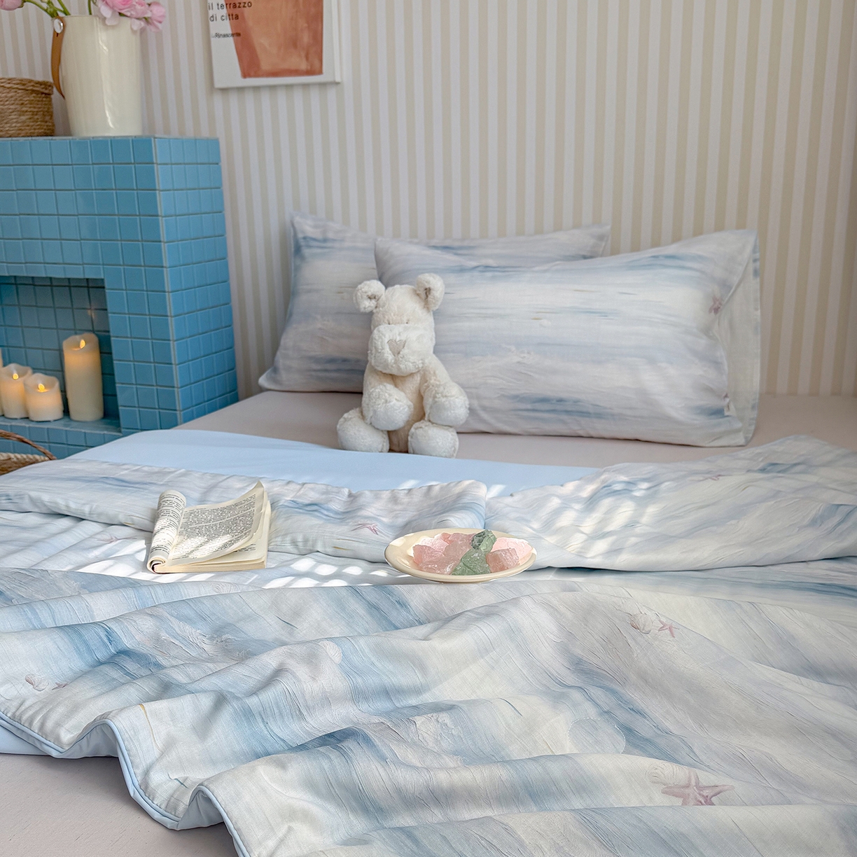 91家纺网 家纺一手货源 找家纺 麦伦家居 2026新品双层纱小冰皮夏被夏凉被空调被 海浪星-蓝