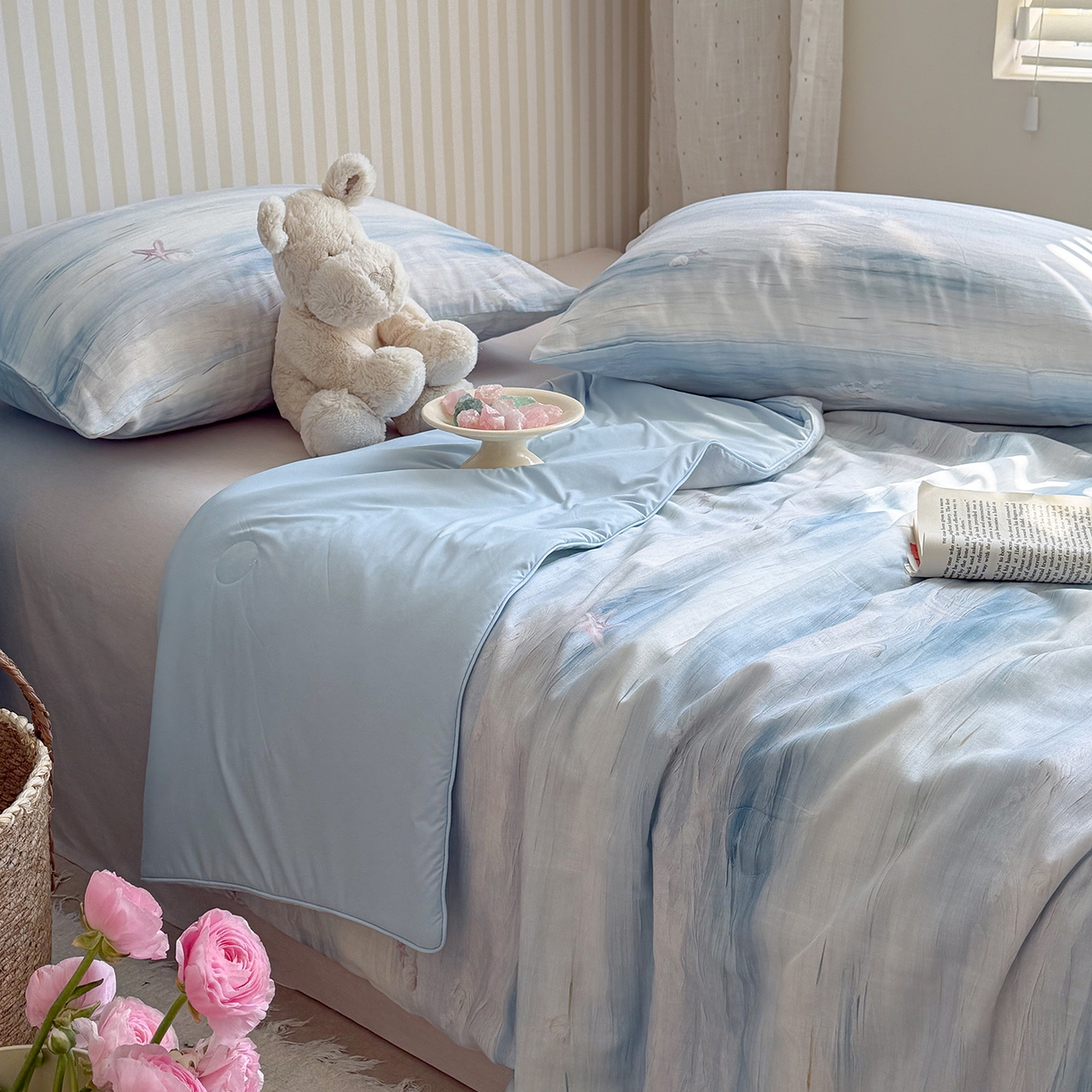 91家纺网 家纺一手货源 找家纺 麦伦家居 2026新品双层纱小冰皮夏被夏凉被空调被 海浪星-蓝