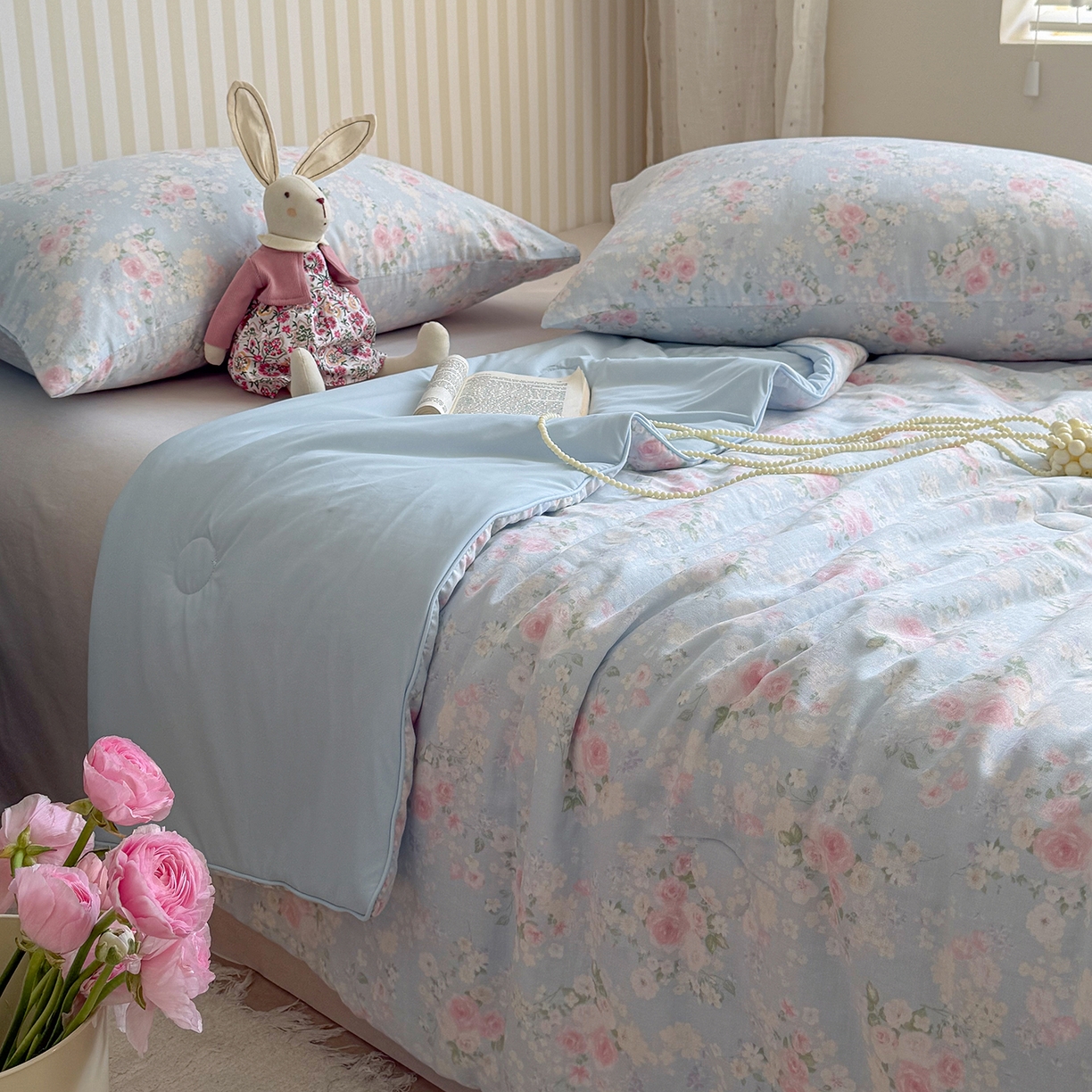 91家纺网 家纺一手货源 找家纺 麦伦家居 2026新品双层纱小冰皮夏被夏凉被空调被 蓝雾玫瑰