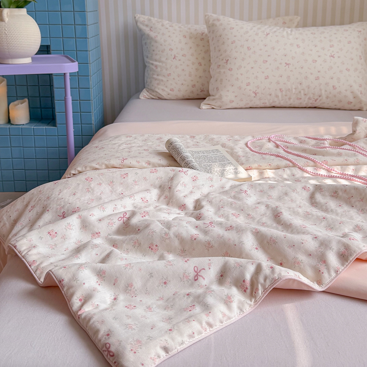 91家纺网 家纺一手货源 找家纺 麦伦家居 2026新品双层纱小冰皮夏被夏凉被空调被 粉蝶结花梦