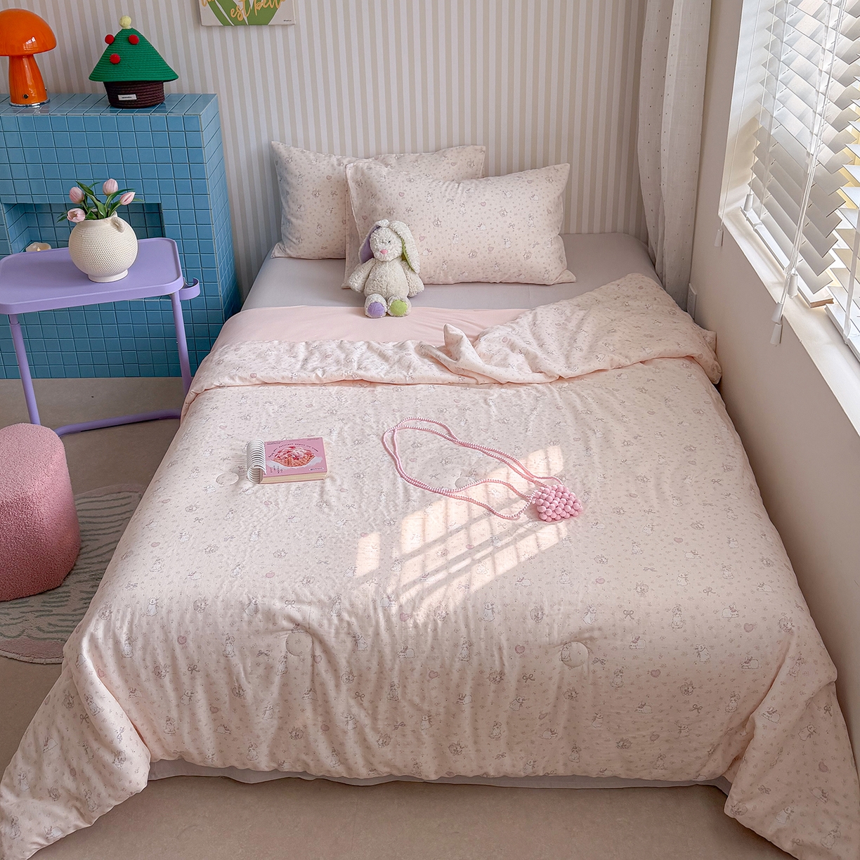 91家纺网 家纺一手货源 找家纺 麦伦家居 2026新品双层纱小冰皮夏被夏凉被空调被 粉兔甜心-粉