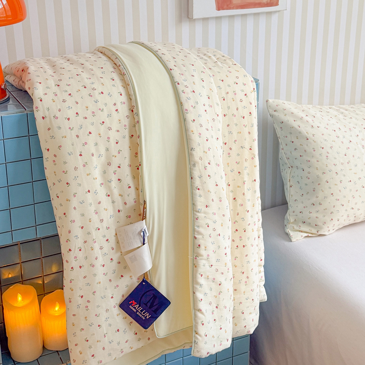 91家纺网 家纺一手货源 找家纺 麦伦家居 2026新品双层纱小冰皮夏被夏凉被空调被 奶杏小碎花