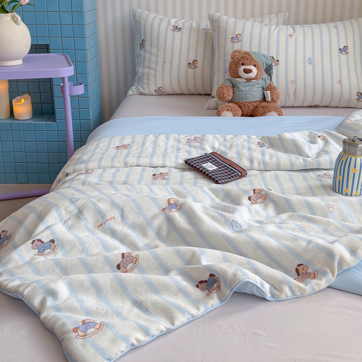 91家纺网 家纺一手货源 找家纺 麦伦家居 2026新品双层纱小冰皮夏被夏凉被空调被 摇摇马蓝